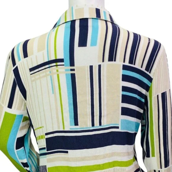 Chicos Womens Top Gauze Blue Green Mixed Stripe Roll Tab Sleeve Size 0 | S - Picture 7 of 12